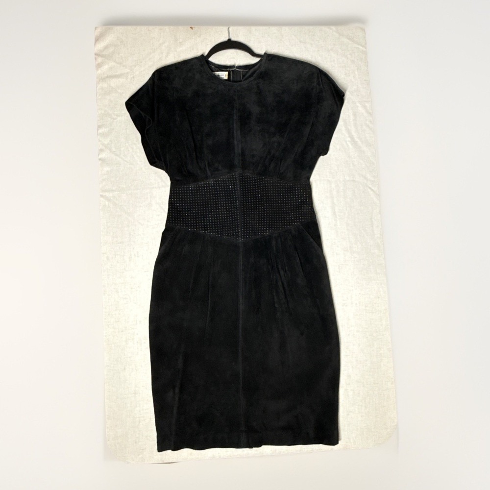 Vintage Lauren Alexandra Black Leather Midi Dress XS Corset Fit Pleated Pockets - Picture 16 of 16